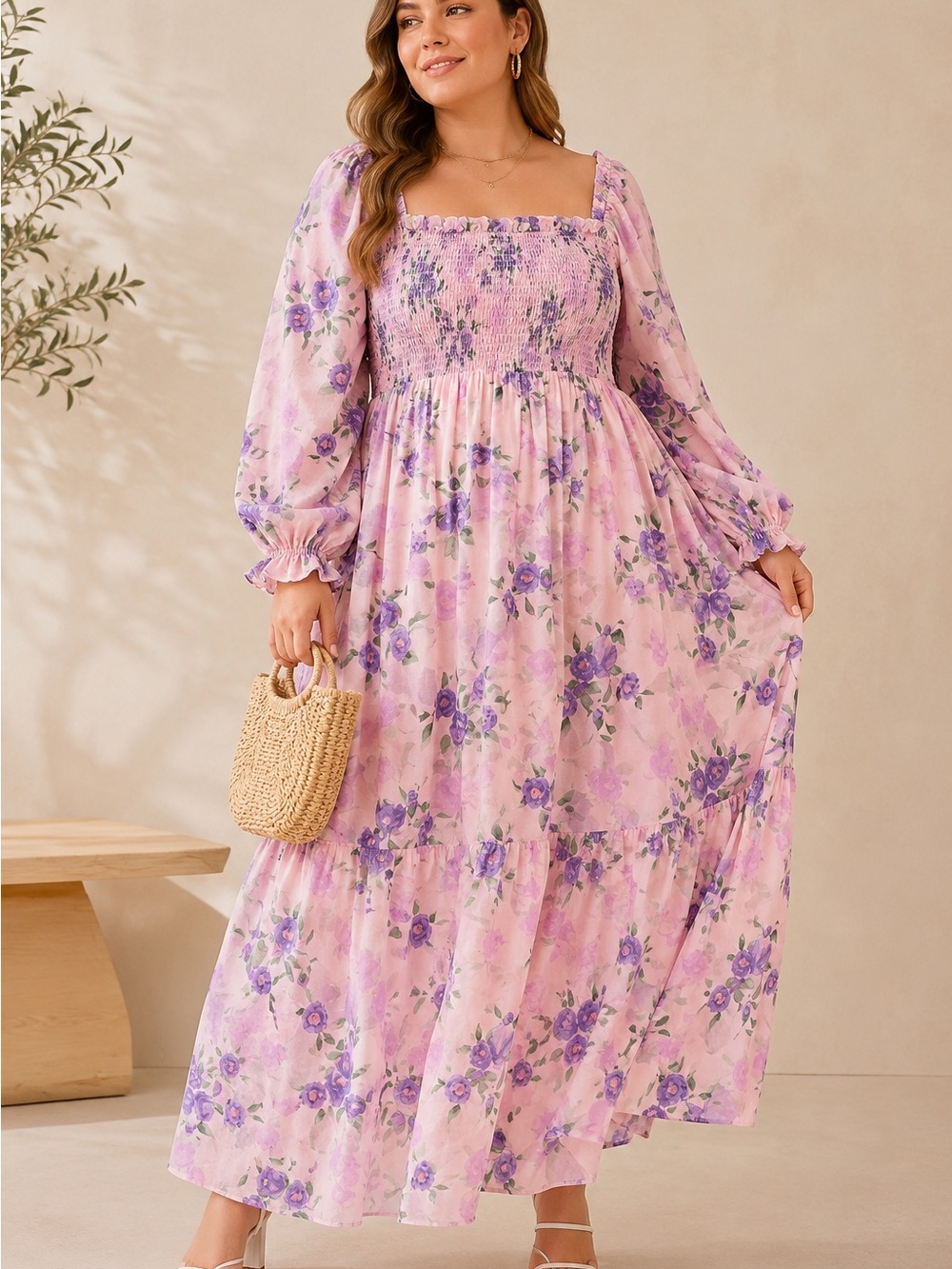 English Factory Plus Size Pink Purple Floral Maxi Dress Smocked Cottagecore 3X